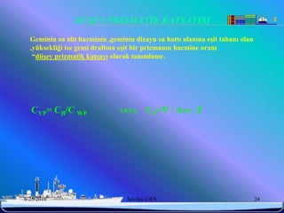 DÜŞEY PRİZMATİK KATSAYISI
  Geminin su altı hacminin ,geminin dizayn su hattı alanına eĢit tabanı olan
  ,yüksekliği ise gemi draftına eĢit bir prizmanın hacmine oranı
   “düĢey prizmatik katsayı olarak tanımlanır.




  CVP= CB/C WP                 VEYA     CP= / AWP .T




6/25/2010                         Sevilay CAN                                  24
 