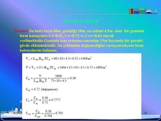 PROBLEMLER
Örnek4: Su hattı boyu 60m, geniĢliği 10m, su çekimi 4.5m olan bir geminin
  form katsayıları CB=0.52, CM=0.72 ve CWP=0.63 olarak
  verilmektedir.Geminin tam ortasına sonradan 15m boyunda bir paralel
  gövde eklenmektedir. Su çekiminin değiĢmediğini varsayarsakyeni form
  katsayılarını bulunuz.




6/25/2010                       Sevilay CAN                                 31
 