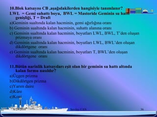 10.Blok katsayısı CB ,aĢağıdakilerden hangisiyle tanımlanır?
LWL = Gemi suhattı boyu, BWL = Mastoride Geminin su hattı
   geniĢliği, T = Draft
a)Geminin sualtında kalan hacminin, gemi ağırlığına oranı
b) Geminin sualtında kalan hacminin, suhattı alanına oranı
c) Geminin sualtında kalan hacminin, boyutları LWL, BWL, T’den oluşan
   prizmaya oranı
d) Geminin sualtında kalan hacminin, boyutları LWL, BWL’den oluşan
   dikdörtgene oranı
e) Geminin sualtında kalan hacminin, boyutları T, BWL’den oluşan
   dikdörtgene oranı

11.Bütün narinlik katsayıları eĢit olan bir geminin su hattı altında
   kalan formu nasıldır?
a)Üçgen prizma
b)Dikdörtgen prizma
c)Yarım daire
d)Küre
e)Koni

  6/25/2010                      Sevilay CAN                            36
 