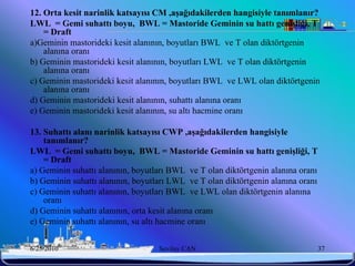12. Orta kesit narinlik katsayısı CM ,aĢağıdakilerden hangisiyle tanımlanır?
LWL = Gemi suhattı boyu, BWL = Mastoride Geminin su hattı geniĢliği, T
    = Draft
a)Geminin mastorideki kesit alanının, boyutları BWL ve T olan diktörtgenin
    alanına oranı
b) Geminin mastorideki kesit alanının, boyutları LWL ve T olan diktörtgenin
    alanına oranı
c) Geminin mastorideki kesit alanının, boyutları BWL ve LWL olan diktörtgenin
    alanına oranı
d) Geminin mastorideki kesit alanının, suhattı alanına oranı
e) Geminin mastorideki kesit alanının, su altı hacmine oranı

13. Suhattı alanı narinlik katsayısı CWP ,aĢağıdakilerden hangisiyle
    tanımlanır?
LWL = Gemi suhattı boyu, BWL = Mastoride Geminin su hattı geniĢliği, T
    = Draft
a) Geminin suhattı alanının, boyutları BWL ve T olan diktörtgenin alanına oranı
b) Geminin suhattı alanının, boyutları LWL ve T olan diktörtgenin alanına oranı
c) Geminin suhattı alanının, boyutları BWL ve LWL olan diktörtgenin alanına
    oranı
d) Geminin suhattı alanının, orta kesit alanına oranı
e) Geminin suhattı alanının, su altı hacmine oranı


6/25/2010                          Sevilay CAN                                    37
 