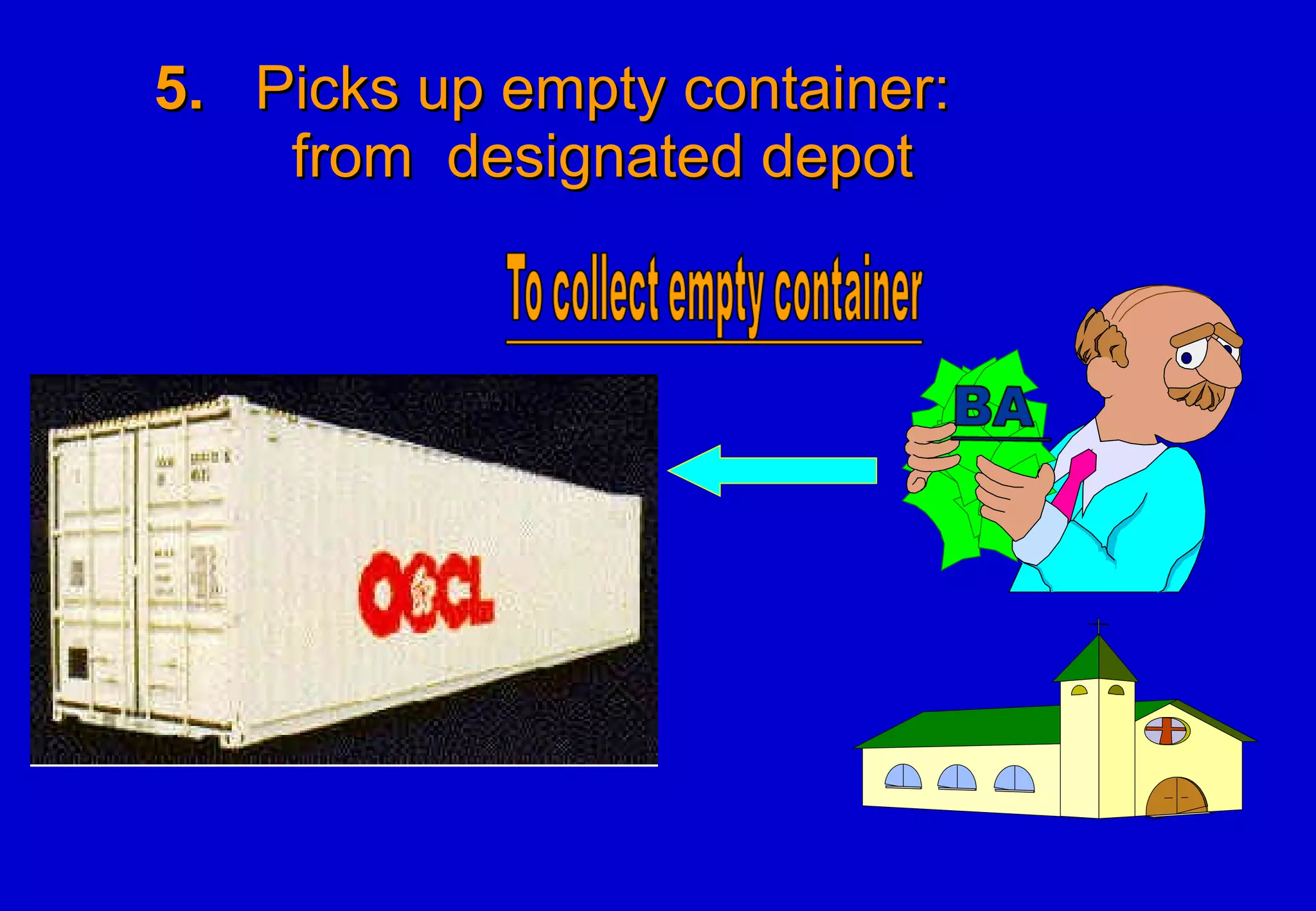 5.   Picks up empty container:   from  designated depot 