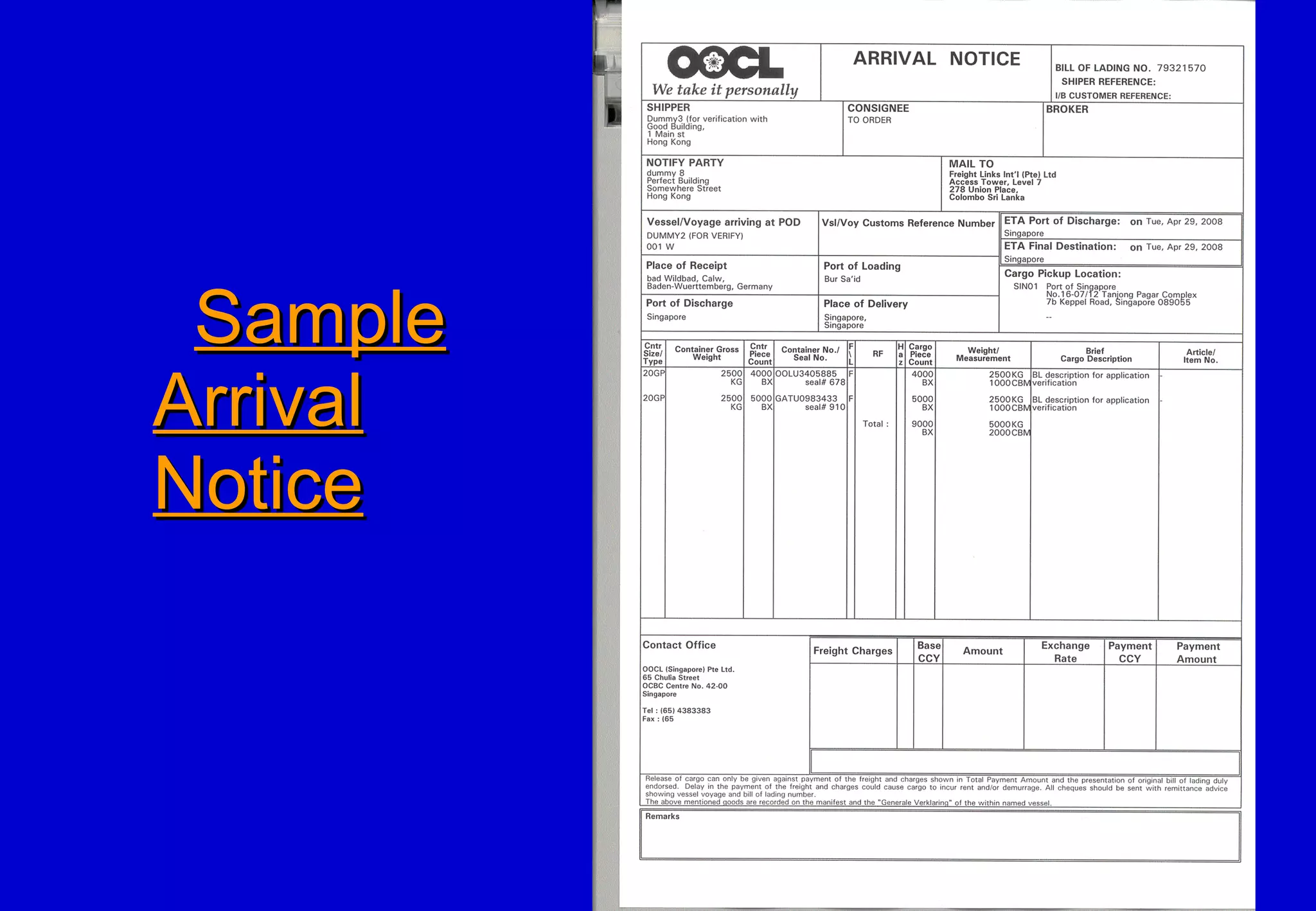 Sample Arrival Notice 