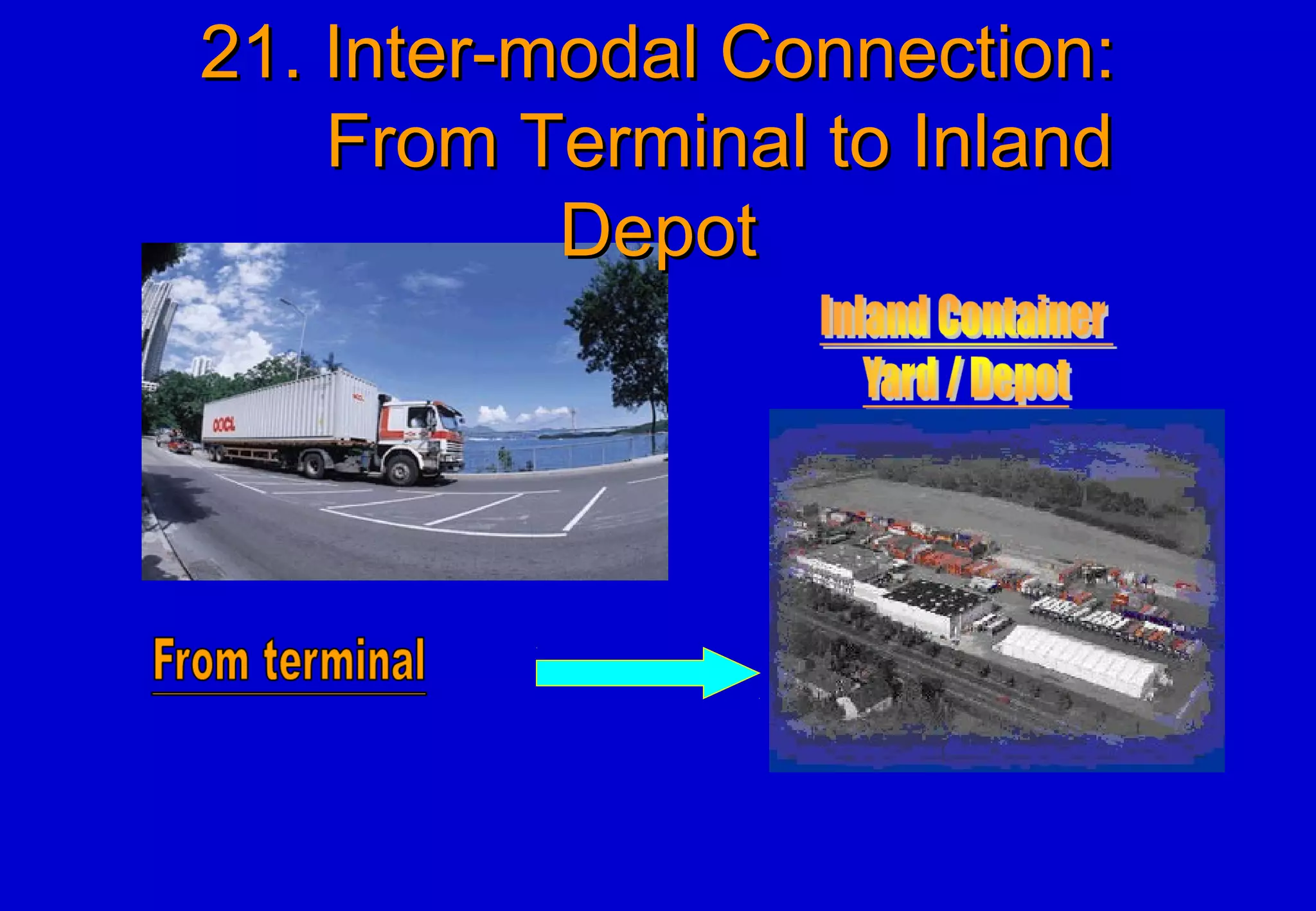 21. Inter-modal Connection:21. Inter-modal Connection:
From Terminal to InlandFrom Terminal to Inland
DepotDepot
 