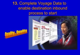 13.13. Complete Voyage Data toComplete Voyage Data to
enable destination inboundenable destination inbound
process to startprocess to start
 