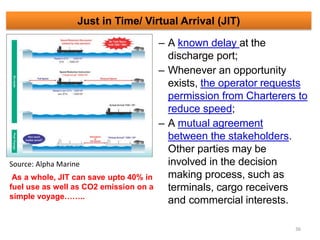 Just in Time/ Virtual Arrival (JIT)
– A known delay at the
discharge port;
– Whenever an opportunity
exists, the operator requests
permission from Charterers to
reduce speed;
– A mutual agreement
between the stakeholders.
Other parties may be
involved in the decision
making process, such as
terminals, cargo receivers
and commercial interests.
As a whole, JIT can save upto 40% in
fuel use as well as CO2 emission on a
simple voyage……..
Source: Alpha Marine
36
 