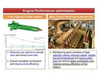 Main Engine Performance MonitoringFuel Injection Slide Valves
40
Source: MAN B& W
Engine Performance optimization
 Maintaining good condition of fuel
injection valves, exhaust valves, proper
fuel oil temperature and good quality
fuel can ensure good combustion and
improve energy efficiency of the
engine.
 Reduced sac volume to almost
zero and hence save fuel.
 Ensure complete combustion
and improve fuel efficiency.
 