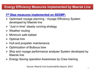 Energy Efficiency Measures implemented by Maersk Line
1St Step measures implemented on SEEMP:
 Optimised voyage planning - Voyage Efficiency System
developed by Maersk line
 “Just in time” steady running strategy
 Weather routing
 Minimum safe ballast
 Optimal trim
 Hull and propeller maintenance
 Optimization of Bulbous bow
 Ship and voyage performance analyser System developed by
Maersk line
 Energy Saving operation Awareness by Crew training
61
Source: Maersk Line Sustainability Report, 2013
 