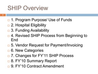 SHIP Overview	1. Program Purpose/ Use of Funds2. Hospital Eligibility3. Funding Availability4. Revised SHIP Process from Beginning to End5. Vendor Request for Payment/Invoicing6. New Categories7. Changes for FY’11 SHIP Process8. FY’10 Summary Report9. FY’10 Contract Amendment 2