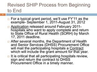Revised SHIP Process from Beginning to EndFor a typical grant period, we’ll use FY’11 as the example- September 1, 2011-August 31, 2012Application released around February 2011- hospitals who want to apply complete and return to State Office of Rural Health (SORH) by March 17, 2011 deadline. After several months, the Department of Health and Senior Services (DHSS) Procurement Office will mail the participating hospitals a Contract which will include the grant amount for that year. It is critical that all participating hospitals review, sign and return the contract to DHSS Procurement Office in a timely manner. 6