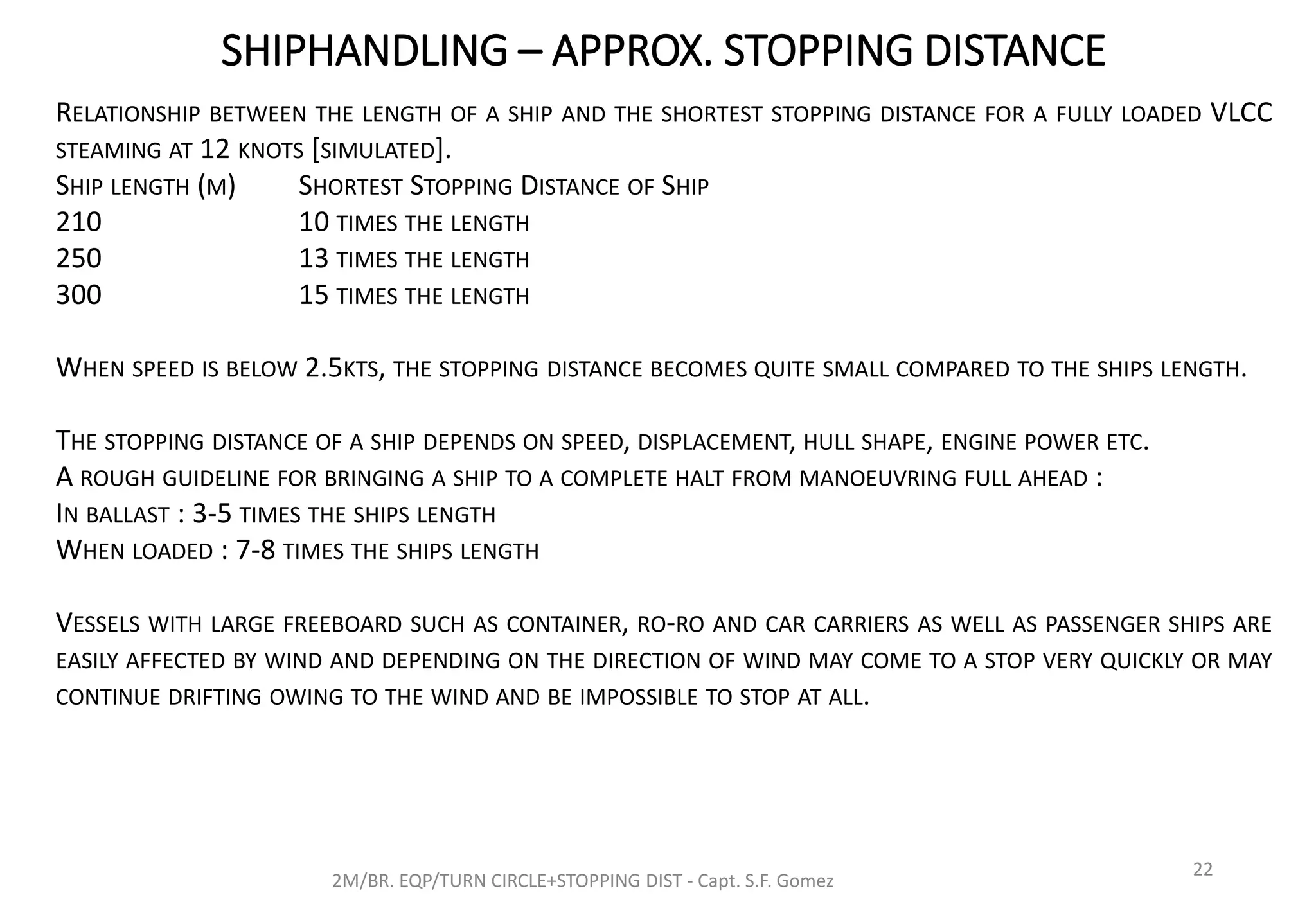 SHIPHANDLING – APPROX. STOPPING DISTANCE
2M/BR. EQP/TURN CIRCLE+STOPPING DIST - Capt. S.F. Gomez
22
RELATIONSHIP BETWEEN THE LENGTH OF A SHIP AND THE SHORTEST STOPPING DISTANCE FOR A FULLY LOADED VLCC
STEAMING AT 12 KNOTS [SIMULATED].
SHIP LENGTH (M) SHORTEST STOPPING DISTANCE OF SHIP
210 10 TIMES THE LENGTH
250 13 TIMES THE LENGTH
300 15 TIMES THE LENGTH
WHEN SPEED IS BELOW 2.5KTS, THE STOPPING DISTANCE BECOMES QUITE SMALL COMPARED TO THE SHIPS LENGTH.
THE STOPPING DISTANCE OF A SHIP DEPENDS ON SPEED, DISPLACEMENT, HULL SHAPE, ENGINE POWER ETC.
A ROUGH GUIDELINE FOR BRINGING A SHIP TO A COMPLETE HALT FROM MANOEUVRING FULL AHEAD :
IN BALLAST : 3-5 TIMES THE SHIPS LENGTH
WHEN LOADED : 7-8 TIMES THE SHIPS LENGTH
VESSELS WITH LARGE FREEBOARD SUCH AS CONTAINER, RO-RO AND CAR CARRIERS AS WELL AS PASSENGER SHIPS ARE
EASILY AFFECTED BY WIND AND DEPENDING ON THE DIRECTION OF WIND MAY COME TO A STOP VERY QUICKLY OR MAY
CONTINUE DRIFTING OWING TO THE WIND AND BE IMPOSSIBLE TO STOP AT ALL.
 