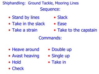 Shiphandling: Ground Tackle, Mooring Lines
                       Sequence:
   • Stand by lines          • Slack
   • Take in the slack       • Ease
   • Take a strain           • Take to the capstain
                   Commands:

   •   Heave around       • Double up
   •   Avast heaving      • Single up
   •   Hold               • Take in
   •   Check
 