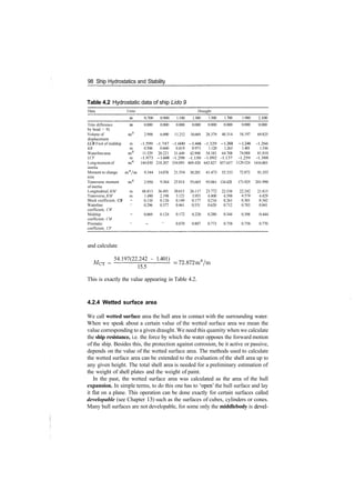 98 Ship Hydrostatics and Stability
Table 4.2 Hydrostatic data of ship Lido 9
Data
Trim difference
by head > 0)
Volume of
displacement
LCB Fwd of midship
KB
Waterlinearea
LCF
Longmomentof
inertia
Moment to change
trim
Transverse moment
of inertia
Longitudinal,KM
Transverse,KM
Block coefficient, CB
Waterline
coefficient, CW
Midship
coefficient, CM
Prismatic
coefficient, CP
Units
m
m
m3
m
m
m2
m
m4
m4
/m
m4
m
m
­
_
­
_
Draught
0.700
0.000
2.998
­1.599
0.506
11.529
­1.973
144.830
9.344
2.950
48.813
1.490
0.110
0.296
0.069
_
0.900
0.000
6.090
­1.747
0.660
20.221
­1.648
218.207
14.078
9.364
36.491
2.198
0.126
0.377
0.124
_
1.100
0.000
11.212
­1.600
0.819
31.449
­1.298
334.093
21.554
25.814
30.615
3.121
0.149
0.461
0.172
0.870
1.300
0.000
18.669
­1.446
0.973
42.998
­1.150
469.420
30.285
55.665
26.117
3.955
0.177
0.531
0.220
0.807
1.500
0.000
28.379
­1.329
1.120
54.183
­1.092
642.827
41.473
93.061
23.772
4.400
0.216
0.620
0.280
0.773
1.700
0.000
40.314
­1.268
1.263
64.708
­1.137
857.657
55.333
134.428
22.538
4.598
0.261
0.712
0.344
0.758
1.900
0.000
54.197
­1.246
1.401
74.088
­1.259
1129.524
72.872
171.925
22.242
4.574
0.301
0.783
0.398
0.758
2.100
0.000
69.825
­1.266
1.536
81.810
­1.388
1416.003
91.355
201.990
21.815
4.429
0.342
0.841
0.444
0.770
and calculate
54.197(22.242 ­ 1.401)
MCT =
15.5
= 72.872 m4
/m
This is exactly the value appearing in Table 4.2.
4.2.4 Wetted surface area
We call wetted surface area the hull area in contact with the surrounding water.
When we speak about a certain value of the wetted surface area we mean the
value corresponding to a given draught. We need this quantity when we calculate
the ship resistance, i.e. the force by which the water opposes the forward motion
of the ship. Besides this, the protection against corrosion, be it active or passive,
depends on the value of the wetted surface area. The methods used to calculate
the wetted surface area can be extended to the evaluation of the shell area up to
any given height. The total shell area is needed for a preliminary estimation of
the weight of shell plates and the weight of paint.
In the past, the wetted surface area was calculated as the area of the hull
expansion. In simple terms, to do this one has to 'open' the hull surface and lay
it flat on a plane. This operation can be done exactly for certain surfaces called
developable (see Chapter 13) such as the surfaces of cubes, cylinders or cones.
Many hull surfaces are not developable, for some only the middlebody is devel­
 