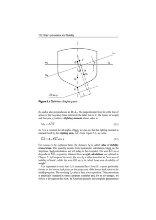 112 Ship Hydrostatics and Stability
Figure 5.1 Definition of righting arm
B^ and is also perpendicular to W^L^. The perpendicular from G to the line of
action of the buoyancy force intersects the latter line in Z. The forces of weight
and buoyancy produce a righting moment whose value is
MR ­ (5.1)
As A is a constant for all angles of heel, we can say that the righting moment is
characterized by the righting arm, GZ. From Figure 5.1, we write
GZ = 4 ­ KG sin (5.2)
For reasons to be explained later, the distance 4 is called value of stability
cross-curves. This quantity results from hydrostatic calculations based on the
ship lines. Such calculations are left today to the computer. The term KG sin <p
depends on KG, a quantity obtained from weight calculations as explained in
Chapter 7. In European literature, the term i^ is often described as 'lever arm of
stability of form', while the term KG sin 0 is called 'lever arm of stability of
weight'.
It is important to note that i^ is measured here from K, a point preferably
chosen as the lowest keel point, or the projection of the lowest keel point on the
midship section. The resulting Ik value is thus always positive. This convention
is practically standard in some European countries and, for its advantages, we
follow it throughout this book. In American projects and computer programmes
 