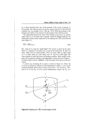 Statical stability at large angles of heel 113
ik is often measured from one of the positions of the centre of gravity, G.
For example, the reference point can be the centre of gravity for the full­load
condition (see, for example, Lewis, 1988, pp. 78­79). When proceeding so, the
designer must define in the clearest way the position of the reference point.
The relationship between the value of the stability cross­curves, £k, and the
angle of heel, 0, is not linear and, in general, cannot be defined explicitly. For
small angles of heel a linear expression for the righting arm, GZ, can be derived
from Figure 5.2:
GZ = GM sin (5.3)
But, what do we mean by 'small angle'? The answer is given by the same
Figure 5.2. Equation (5.3) holds true as long as the metacentre, M, does not
move visibly from its initial position. Thus, for many ships an angle equal
to 5° is small, while for a few others even 15° may be a small angle. The
value depends on both ship forms and loading condition. More insight on this
point can be gained by looking at the metacentric evolutes shown in Chapter 2.
A further criterion for the 'smallness' of the heel angle will be given in the next
section.
A useful way of plotting the lf~ values is shown in Figure 5.3. There, the
£k curves are plotted as functions of the displacement volume, V, for a set of
constant heel­angle values. Thus, we have a curve for </> = 10°, one for <p = 20°,
and so on. To use Eq. (5.2) for a given displacement volume, say VQ, it is
Figure 5.2 Righting arm, GZ, at small angles of heel
 