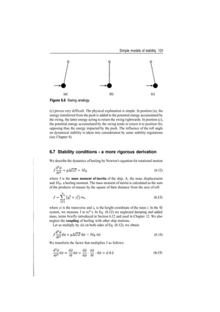 Simple models of stability 131
(a) (b) (c)
Figure 6.6 Swing analogy
(c) proves very difficult. The physical explanation is simple. In position (a), the
energy transferred from the push is added to the potential energy accumulated by
the swing, the latter energy acting to return the swing rightwards. In position (c),
the potential energy accumulated by the swing tends to return it to position (b),
opposing thus the energy impacted by the push. The influence of the roll angle
on dynamical stability is taken into consideration by some stability regulations
(see Chapter 8).
6.7 Stability conditions ­ a more rigorous derivation
We describe the dynamics ofheeling by Newton's equation for rotational motion
MH (6.12)
where J is the mass moment of inertia of the ship, A, the mass displacement
and MH, a heeling moment. The mass moment ofinertia is calculated as the sum
of the products of masses by the square of their distance from the axis of roll
where yi is the transverse and zi is the height coordinate of the mass i. In the SI
system, we measure J in m2
1. In Eq. (6.12) we neglected damping and added
mass, terms briefly introduced in Section 6.12 and used in Chapter 12. We also
neglect the coupling of heeling with other ship motions.
Let us multiply by d0 on both sides of Eq. (6.12), we obtain
= MH d<£ (6.14)
We transform the factor that multiplies J as follows:
 