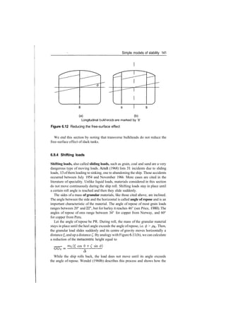 Simple models of stability 141
B
(a) (b)
Longitudinal bulkheads are marked by 'B'
Figure 6.12 Reducing the free­surface effect
We end this section by noting that transverse bulkheads do not reduce the
free­surface effect of slack tanks.
6.9.4 Shifting loads
Shifting loads, also called sliding loads, such as grain, coal and sand are a very
dangerous type of moving loads. Arndt (1968) lists 31 incidents due to sliding
loads, 13 ofthem leading to sinking, one to abandoning the ship. Those accidents
occurred between July 1954 and November 1966. More cases are cited in the
literature of speciality. Unlike liquid loads, materials considered in this section
do not move continuously during the ship roll. Shifting loads stay in place until
a certain roll angle is reached and then they slide suddenly.
The sides of a mass of granular materials, like those cited above, are inclined.
The angle between the side and the horizontal is called angle of repose and is an
important characteristic of the material. The angle of repose of most grain loads
ranges between 20° and 22°, but for barley it reaches 46° (see Price, 1980). The
angles of repose of ores range between 34° for copper from Norway, and 60°
for copper from Peru.
Let the angle of repose be PR. During roll, the mass of the granular material
stays in place until the heel angle exceeds the angle ofrepose, i.e. 0 > pR. Then,
the granular load slides suddenly and its centre of gravity moves horizontally a
distance f, andup a distance £. By analogy with Figure 6.11(b), we can calculate
a reduction of the metacentric height equal to
r
^L (£ cos 0 ­j­ £ sin (f>)
While the ship rolls back, the load does not move until its angle exceeds
the angle of repose. Wendel (1960b) describes this process and shows how the
 
