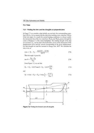 164 Ship Hydrostatics and Stability
7.3 Trim
7.3.1 Finding the trim and the draughts at perpendiculars
In Figure 7.2 we consider a ship initially on even keel; the corresponding water­
line is WQI/Q. Let us assume that the ship trims reaching a new waterline, W0L0.
If the trim angle, 0, is small (for normal loading conditions it is always small),
the intersection line of the two waterlines, WQ^O and W0L0, passes through the
centre of flotation, F, of the initial waterplane. The midship draught of the ship
on even keel, Tm, can be read in the hydrostatic curves at the intersection of the
displacement curve and the vertical corresponding to the given displacement.
For that draught we read the moment to change trim, MCT. We calculate the
trim, in m, as
trim = TF ­ TA =
A(LCG ­ LCB)
MCT
The trim angle is given by
(7.3)
(7.4)
From Figure 7.2, we see that
= Tm­ LCF tan0 = Tm­ LCF
trim
(7.5)
and
LCF
i­—— (7.6)
wr
Figure 7.2 Finding the forward and aft draughts
 