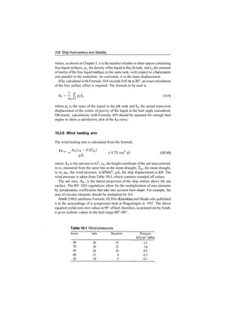 228 Sftip Hydrostatics and Stability
where, as shown in Chapter 5, n is the number oftanks or other spaces containing
free liquid surfaces, PJ , the density ofthe liquid in the jth tank, and ij, the moment
of inertia ofthe free liquid surface, in the same tank, with respect to a baricentric
axis parallel to the centreline. As convened, A is the mass displacement.
If /cp calculated with Formula 10.8 exceeds 0.03 m at 30°, an exact calculation
of the free surface effect is required. The formula to be used is
A* = ~ E Pjbj (10.9)
L j=l
where PJ is the mass of the liquid in the jth tank and bj, the actual transverse
displacement of the centre of gravity of the liquid at the heel angle considered.
Obviously, calculations with Formula 10.9 should be repeated for enough heel
angles to allow a satisfactory plot of the kp curve.
10.2.6 Wind heeling arm
The wind heeling arm is calculated from the formula
fcw ­ ^w(*A­0.5Tm) + Q ^ cog3
g&
where Aw is the sail area in m2
; ZA, the height coordinate ofthe sail area centroid,
in m, measured from the same line as the mean draught; Tm, the mean draught,
in m; pw, the wind pressure, in kN/m2
; gA, the ship displacement in kN. The
wind pressure is taken from Table 10.1, which contains rounded off values.
The sail area, Aw, is the lateral projection of the ship outline above the sea
surface. The BV 1033 regulations allow for the multiplication of area elements
by aerodynamic coefficients that take into account their shape. For example, the
area of circular elements should be multiplied by 0.6.
Arndt (1965) attributes Formula 10.10 to Kinoshita and Okada who published
it in the proceedings of a symposium held at Wageningen in 1957. The above
equation yields non­zero values at 90° ofheel; therefore, as pointed out byArndt,
it gives realistic values in the heel range 60°­90°.
Table 10.1 Wind pressures
knots
90
70
50
40
20
m/s
46
36
26
21
10
Beaufort
14
12
10
8
5
Pressure
kN/m2
(kPa)
1.5
1.0
0.5
0.3
0.1
 