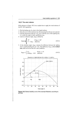 Intact stability regulations II 229
10.2,7 The wind criterion
With reference to Figure 10.3, let us explain how to apply the wind criterion of
the BV 1033 regulations.
1. Plot the heeling arm, kp, due to free liquid surfaces.
2. Draw the curve ofthe wind arm, &y»by measuring from the kp curve upward.
3. Find the intersection of the kp ­f fcw curve with the curve of the righting arm,
/i; it yields the angle of static equilibrium,
4. Look at a reference angle, </>REF> defined by
­{35°
5° + 20ST otherwise
(10.11)
5. At the reference angle, </>REF, measure the difference between the righting
arm, h, and the heeling arm, kp + A?w This difference, /IRES> called residual
arm, shall not be less than the value yielded by
0.1 15°
­ 0.05 otherwise
(10.12)
Maestral, A = 29823.5674 kN, KG = 5.835 m, f= 4.097 m
0.8
0.6
0.4
0.2
0
­0.2
­0.4
GM =0.846m
0 10 20 30 40 50 60 70 80 90
Heel angle (°)
Figure 10.3 Statical stability curve of the example Maestral, according to
BV1033
 