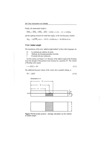 248 Ship Hydrostatics and Stability
Finally, the metacentric height is
GML = KBL + BML ­ KGi = 0.938 4­1.111 ­ 1.5 ­ 0.549m
and the righting moment for small heel angles, in the lost­buoyancy method
MRL = AiGMLsin0 = 153.75 x 0.549 sin 0 = 84.349sin</>tm
11.3.2 Added weight
The translations of the term 'added­weight method' in three other languages are
Fr La methode par addition de poids
G Methode des hinzukommenden Gewichts
I II metodo del peso imbarcato
For this section see Figure 11.4. Because of the added weight of the flooding
water the draught of the pontoon must increase by a quantity ST. The volume
of flooding water equals
v = lB(Ti + 6T) (11.3)
The additional buoyant volume of the vessel, due to parallel sinking, is
SV = LBST (11.4)
Dimensions in m
12
10
5T
Figure 11.4 A simple pontoon ­ damage calculation by the method
of added weight
 