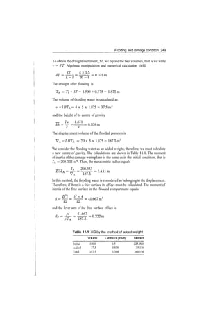 Flooding and damage condition 249
To obtain the draught increment, 5T, we equate the two volumes, that is we write
v = JV. Algebraic manipulation and numerical calculation yield
The draught after flooding is
TA ­ TI + ST = 1.500 + 0.375 = 1.875m
The volume of flooding water is calculated as
v = IBTA = 4 x 5 x 1.875 = 37.5 m3
and the height of its centre of gravity
kb = — = = 0.938m
2 2
The displacement volume of the flooded pontoon is
VA = LETp. ­ 20 x 5 x 1.875 = 187.5m3
We consider the flooding water as an added weight; therefore, we must calculate
a new centre of gravity. The calculations are shown in Table 11.1. The moment
of inertia of the damage waterplane is the same as in the initial condition, that is
/A = 208.333 m4
. Then, the metacentric radius equals
JA 208.333 .. .
In this method, the flooding water is considered as belonging to the displacement.
Therefore, if there is a free surface its effect must be calculated. The moment of
inertia of the free surface in the flooded compartment equals
and the lever arm of the free surface effect is
pi 41.667
Table 11.1 KG by the method of added weight
Volume Centre of gravity Moment
Initial 150.0 1.5 225.000
Added 37.5 0.938 35.156
Total 187.5 1.388 260.156
 