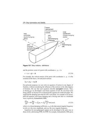 278 Ship Hydrostatics and Stability
sway
embardee
Querschwingung
deriva
pitch
tangagi
Stampfschwlni
becche<
heave
pilonnement
Tauchschwingung
sussulto
yaw
lacet
Gierschwingung
I imbardata
surge
cavalement
Langsschwingung
avanzo
roll
"Voulis
Rollschwingung
rollio
Figure 12.7 Ship motions ­ definitions
and the position vector of a point with coordinates x, y, z is
r = xi + yj + zk (12.24)
For example, the vertical motion of the point with coordinates x, y, z is the
resultant of the heave, roll and pitch motions
For particular purposes we can write an equation of motion in one degree of
freedom, without considering the influence of the motions in the other degrees
of freedom. We say that such equations describe uncoupled motions. Thus,
in Section 6.7 we developed a non­linear equation of roll, the non­linear term
being pAGZ. In Section 6.8 we linearized the equation for small roll angles. We
neglected the damping term that for roll is non­linear. An example of an uncou­
pled roll equation with linear damping and a forcing term due to a trochoidal
wave is given by Schneekluth (1988)
di2
(12.25)
where n is a lineardamping coefficient, o;n4 is the ship natural angular frequency
in roll, Co is the wave amplitude, and cjy, the wave angular frequency.
Equations for uncoupled pitch motion can be developed in the same way as
those ofroll, substituting GM. for GM. For example, Schneekluth (1988) gives
 