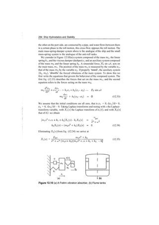 284 Ship Hydrostatics and Stability
the other on the port side, are connected by a pipe, and waterflowsbetween them
in a certain phase to the roll motion, this cross­flow opposes the roll motion. The
main mass­spring­damper system above is the analogue of the ship and the small
mass­spring system is the analogue of the anti­roll tanks.
We consider in Figure 12.10(a) a system composed of the mass mi, the linear
spring &i, and the viscous damper (dashpot) c, and an auxiliary system composed
of the mass 7712 and the linear spring k2. A sinusoidal force, FQ sin ut, acts on
the main mass, mi. The position of the mass mi is measured by the variable xi,
that of the mass rn2 by the variable x2. If properly 'tuned', the auxiliary system
(&2, 7712)» 'absorbs' the forced vibrations of the main system. To show this we
first write the equations that govern the behaviour of the composed system. The
first Eq. (12.33) describes the forces that act on the mass mi, and the second
equation refers to the forces acting on the mass m2,
mi
d x~
—r­
at*
dx~
— — ­ + kiXi ­f k2(xi ­ #2) —
at
sin ut
­rr + k2(x2 ­
at
= 0 (12.33)
We assume that the initial conditions are all zero, that is x = 0, dxi/dt = 0,
x2 = 0, dx2/dt — 0. Taking Laplace transforms and noting with s the Laplace­
transform variable, with X(s) the Laplace transform of x(t), and with Xz(s)
that of X2, we obtain
[mis2
+ cs k2]Xl(s) ­ k2X2(s} = 2
QW
2
Eliminating X2(s) from Eq. (12.34) we arrive at
__ F$u m2s2
+ k2
Xi(s) =
s2
4­ cj2
(m2s cs k2 ­
(12.34)
(12.35)
c
hCH
(a) I (b)
Figure 12.10 (a) A Frahm vibration absorber, (b) Flume tanks
 