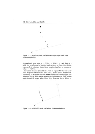 310 Ship Hydrostatics and Stability
Figure 13.15 MultiSurf, points that define a control curve, in this case
a transverse section
the coordinates of the point, x = 17.250, y = 0.000, z = 3.000. There is a
quick way of defining a set of points, such as shown in Figure 13.15. In this
example all the points are situated along a station; they have in common the
value x = 17.250 m.
To 'create' the curve defined by the points in Figure 13.15 the user has to
select the points and specify the curve kind. A Bcurve (this is the MultiSurf
terminology for B­splines) uses the support points as a control polygon (see
Subsection 13.2.4), while a Ccurve (MultiSurf terminology for cubic splines)
passes through all support points. Figure 13.16 shows the Bcurve defined by
YZ
X
Figure 13.16 MultiSurf, a curve that defines a transverse section
 