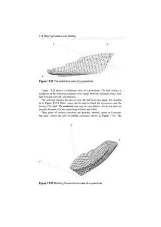 314 Ship Hydrostatics and Stability
Figure 13.22 The wireframe view of a powerboat
Figure 13.22 shows a wireframe view of a powerboat. The hull surface is
composed of the following surfaces: bow round, bulwark, bulwark round, hull,
keel forward, keel aft, and transom.
The software enables the user to view the hull from any angle, for example
as in Figure 13.23. Other views can be used to check the appearance and the
fairing of the hull. The rendered view may be very helpful; we do not show an
example because it is not interesting in black and white.
Three plots of surface curvature are possible: normal, mean or Gaussian.
We have chosen the plot of normal curvature shown in Figure 13.24. The
•z
Figure 13.23 Rotating the wireframe view of a powerboat
 