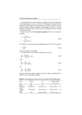 58 Ship Hydrostatics and Stability
A similar procedure is used to find the z­coordinate of the centre of buoyancy
of the heeled barge; it is shown in Table 2.3. Calculations in tabular form are
standard in Naval Architecture. More about them is written in Chapter 3 and we
expect the reader to discover gradually the advantages of this way of solving
problems. Obviously, Tables 2.2 and 2.3 can be consolidated. Then, the volumes
are entered only once.
Tables 2.2 and 2.3 yield the parametric equations of the curve of centres of
buoyancy:
1 B2
y =
19T~t a n <
^
1
, (2­63)
1 B
2 j.
Z=
U~Ti&n
*
We call the curve of centres ofbuoyancy B curve. From Eq. (2.63) we can derive
z=%y2
(2.64)
This is the equation of a parabola.
The slope of the curves of centres of buoyancy is given by
dz
­ r ­ ­ r n = t a n 0 (2.65)
dy dy/dcf)
where
dy B2
1
d</> 12T cos2
and
dz B2
tan <
d</> 12T cos2
<
(2.66)
(2.67)
Equation (2.65) shows that the tangent in B^ has the slope <f>, meaning that it is
parallel to the corresponding waterline.
Table 2.3 Calculating the vertical centre of buoyancy of the heeled barge
Solid
(1)
Initial
Submerged
wedge
Emerged
wedge
Total
Volume
(2)
LET
LB2
tan 0/8
­.LB2
tan 0/8
LET
vcb
(3)
0
J3tan0/(3 • 2)
­£tan0/(3•2)
£2
tan2
0/(24T)
Moment change
(4) = 2 x (3)
0
L£3
tan2
0/(8 ­ 3 ­ 2 )
L£3
tan2
</>/(8 ­ 3 ­ 2 )
LB3
tan2
0/(3 • 8)
 