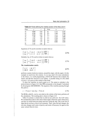 Basic ship hydrostatics 63
Table 2.5 Points defining the midship section of the Ship Lido 9
Point
Pi
P2
Pa
P4
P5
Pe
P7
PS
y
0.000
0.240
0.240
1.100
1.787
2.460
2.902
3.100
z
0.50
0.50
0.58
1.00
1.25
1.50
1.75
2.00
Point
P9
Pio
Pn
Pl2
Pl3
Pl4
Pl5
2/
3.176
3.200
3.218
3.230
3.230
2.099
0.000
z
2.250
2.500
2.750
3.000
3.360
3.425
3.489
Equations (2.73) can be rewritten in matrix form as
XB cos
sin .
—sin
cos d
KN
NB
Similarly, Eq. (2.74) can be written in matrix form as
yu
cos 0 — sin
sin (j> cos </
KN
NM
The transformation matrix
cos <j> — sin <
sin 6 cos 6
(2.75)
(2.76)
(2.77)
performs counter­clockwise rotation, around the origin, with the angle 0. In this
example we need twice this rotation. As we may need it for more calculations
in the future, it is worth programming a MATLAB function that evaluates the
matrix and add this function to our toolbox. A possible listing of a file called
rotate. m is given on the website of this book.
To draw the waterline we need a point on it. The easiest to calculate is the
point Q shown in Figure 2.22. Here KQ corresponds to the draught T calculated
by the program ARCHIMEDES. The equation of the waterline passing through
this point is
z — Tcos 0 = tan </>(y — Tsin (2.78)
The M­file, called b_curve, provided on the website of the book, performs all
the calculations. The resulting plot is shown in Figure 2.23.
Table 2.4 contains a column that we did not use until now: the LCB values.
We included these data to show that at finite angles ofheel the centre ofbuoyancy
can leave its initial transverse plane and move along the ship. This is the case of
ships that do not have a fore­to­aft symmetry. Then, when the heel changes, the
trim also changes until centre of gravity and centre of buoyancy lie again on the
same vertical (Stevin's law).
 