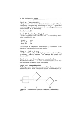 68 Ship Hydrostatics and Stability
Exercise 2.2 - The tip ofthe iceberg
Icebergs are formed from compressed snow; their average density is 0.89 tm~3
.
The density of ocean water can be assumed equal to 1.025 tm~3
. Calculate what
part of an iceberg's volume can be seen above the water and explain the meaning
of the expression The tip of the iceberg'.
Hint: See Exercise 2.1.
Exercise 2.3 ­ Draughts ofa parallelepipedic barge
Consider a parallelepipedic (or, with another term, a box­shaped) barge charac­
terized by the following data:
Length, L 10m
Breadth, B 3m
Mass, A/0 30 t
Find the draught, TI, in fresh water, and the draught, T2, in ocean water. See the
Appendix of this chapter for various water densities.
Exercise 2.4 ­ Whisky on the rocks
Instead ofconsidering a cube ofice floating in a glass ofwater, as in Example 2.1,
let us think of a cube of ice floating in a glass of whisky. What happens when
the cube melts?
Exercise 2.5 -A lemma about moving masses in three­dimensional
Prove the lemma in Section 2.7 for a three­dimensional system of masses and a
three­dimensional displacement of one of the masses.
Exercise 2.6 ­A wooden parallelepiped
The floating condition of a wooden, homogeneous block of square cross­section
depends on its specific gravity. Three possible positions are shown in Figure 2.26.
(a) (b) (c)
Figure 2.26 Different floating conditions of a wooden, parallelepipedic
block
 