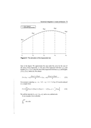 Numerical integration in naval architecture 73
Given integrand
Trapezoidal approximation
X3
Figure 3.1 The derivation of the trapezoidal rule
lines in the figure). We approximate the area under the curve by the sum of
the areas of four trapezoids, i.e. the area of the trapezoid with base #i£2 and
heights /(#i), /(x2), plus the area ofthe trapezoid with base x2x3 and heights
/(x2), /(^s)* and so on. We obtain
(X2 ­ (X3 _ (3.3)
For constant x­spacing, #2 — x = £3 — x2 = • • • = h, Eq. (3.3) can be reduced
to a simpler form:
f(xn­i) + f(xn (3.4)
We call the intervals [x, x2], [0^2, ^3], and so on, subintervals.
As an example, let us calculate
•
90 °
sin
 