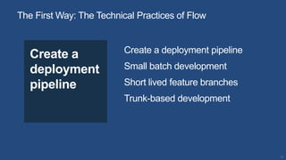 10
Create a
deployment
pipeline
Create a deployment pipeline
Small batch development
Short lived feature branches
Trunk-ba...