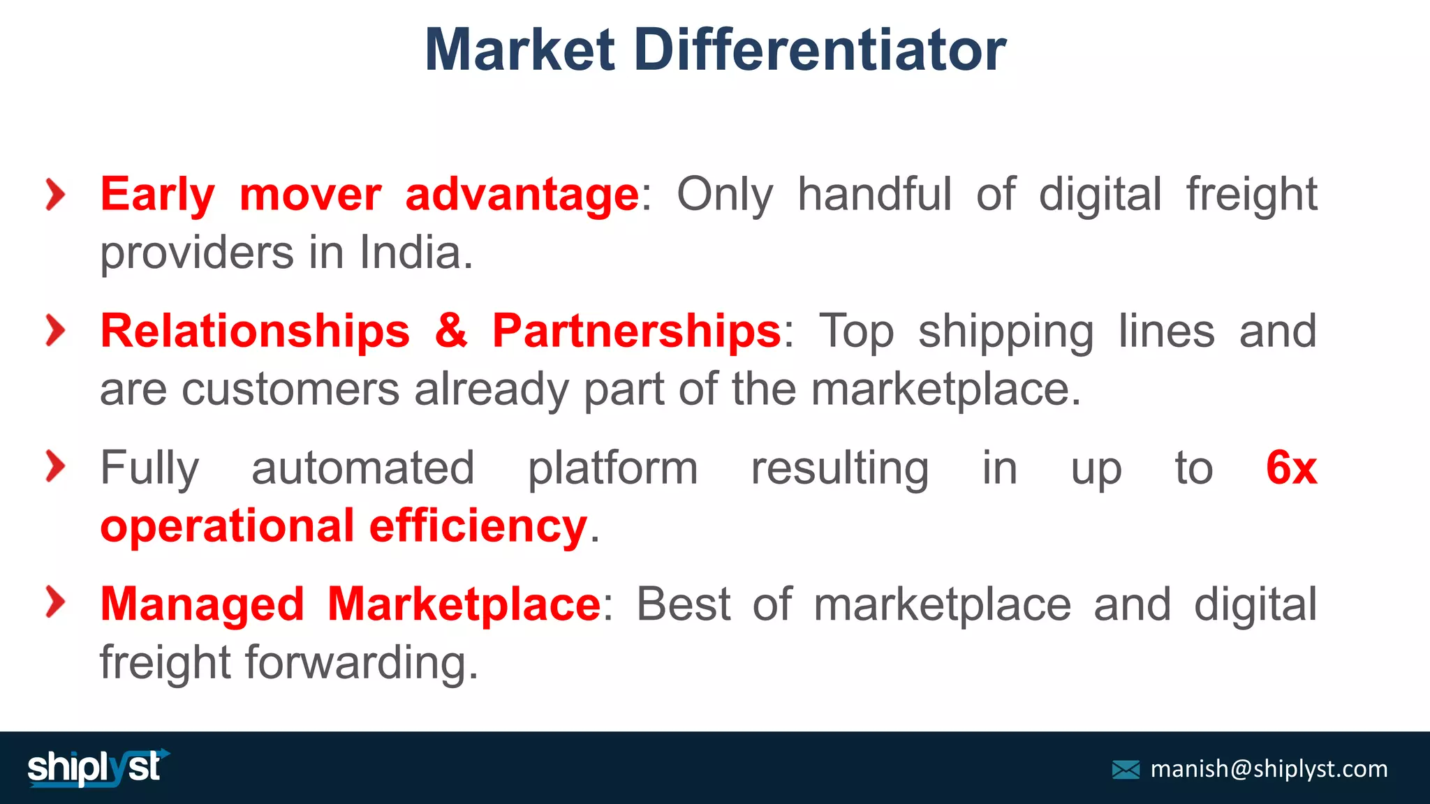 manish@shiplyst.com
Early mover advantage: Only handful of digital freight
providers in India.
Fully automated platform resulting in up to 6x
operational efficiency.
Managed Marketplace: Best of marketplace and digital
freight forwarding.
Relationships & Partnerships: Top shipping lines and
are customers already part of the marketplace.
Market Differentiator
 
