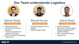 manish@shiplyst.com
• Serial Entrepreneur
• Comes from a Family of
Exporters
• 13 years of experience in
Logistics Technology
• B.E. in Information Technology
• 7 figures exit.
Co-Founder & CEO
Manish Singh
• Freight forwarder for over a
decade.
• MBA in Foreign Trade.
Co-Founder & CMO
Sharad Kumar
• Serial Entrepreneur
• Spent over 14 years building
enterprise applications for
Logistics industry
• B.E. in Computer Science.
• 7 figures exit.
Co-Founder & CTO
Mehul Doshi
Our Team understands Logistics
 