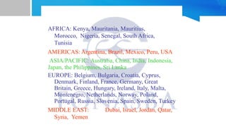 FONASBA Membership
2012
AFRICA: Kenya, Mauritania, Mauritius,
Morocco, Nigeria, Senegal, South Africa,
Tunisia
AMERICAS: Argentina, Brazil, Mexico, Peru, USA
ASIA/PACIFIC: Australia, China, India, Indonesia,
Japan, the Philippines, Sri Lanka
EUROPE: Belgium, Bulgaria, Croatia, Cyprus,
Denmark, Finland, France, Germany, Great
Britain, Greece, Hungary, Ireland, Italy, Malta,
Montenegro, Netherlands, Norway, Poland,
Portugal, Russia, Slovenia, Spain, Sweden, Turkey
MIDDLE EAST: Dubai, Israel, Jordan, Qatar,
Syria, Yemen
 