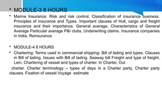 • MODULE-3 8 HOURS
• Marine Insurance: Risk and risk control. Classification of insurance business.
Principles of insurance and Types. Important clauses of Hull, cargo and freight
insurance and their importance. General average, Characteristics of General
Average Particular average P&I clubs, Underwriting claims. Insurance companies
in India. Reinsurance
• MODULE-4 8 HOURS
• Chartering: Terms used in commercial shipping- Bill of lading and types. Clauses
in Bill of lading. Issues with Bill of lading. Seaway bill Freight and type of freight,
Lein, Chartering of vessel and types of charter. In Charter, Out
charter. Charter terminology – types of days in a Charter party. Charter party
clauses. Fixation of vessel Voyage estimate
 