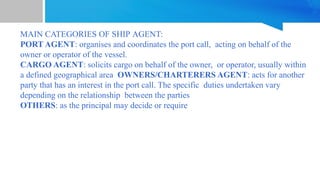 MAIN CATEGORIES OF SHIP AGENT:
PORT AGENT: organises and coordinates the port call, acting on behalf of the
owner or operator of the vessel.
CARGO AGENT: solicits cargo on behalf of the owner, or operator, usually within
a defined geographical area OWNERS/CHARTERERS AGENT: acts for another
party that has an interest in the port call. The specific duties undertaken vary
depending on the relationship between the parties
OTHERS: as the principal may decide or require
 