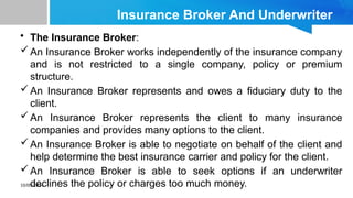 10/09/2024
Insurance Broker And Underwriter
• The Insurance Broker:
An Insurance Broker works independently of the insurance company
and is not restricted to a single company, policy or premium
structure.
An Insurance Broker represents and owes a fiduciary duty to the
client.
An Insurance Broker represents the client to many insurance
companies and provides many options to the client.
An Insurance Broker is able to negotiate on behalf of the client and
help determine the best insurance carrier and policy for the client.
An Insurance Broker is able to seek options if an underwriter
declines the policy or charges too much money.
 