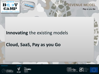 ORGANIZAÇÃO PARCEIROS
REVENUE MODEL
Pay as you Go
Innovating the existing models
Cloud, SaaS, Pay as you Go
 
