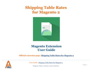 User Guide: Shipping Table Rates for Magento 2
Page 1
Shipping Table Rates
for Magento 2
Magento Extension
User Guide
Official extension page: Shipping Table Rates for Magento 2
Support: http://amasty.com/contacts/
 