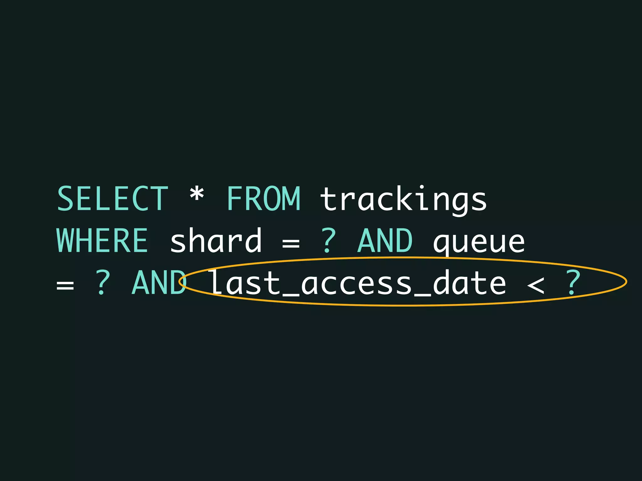 SELECT * FROM trackings
WHERE shard = ? AND queue
= ? AND last_access_date < ?
 