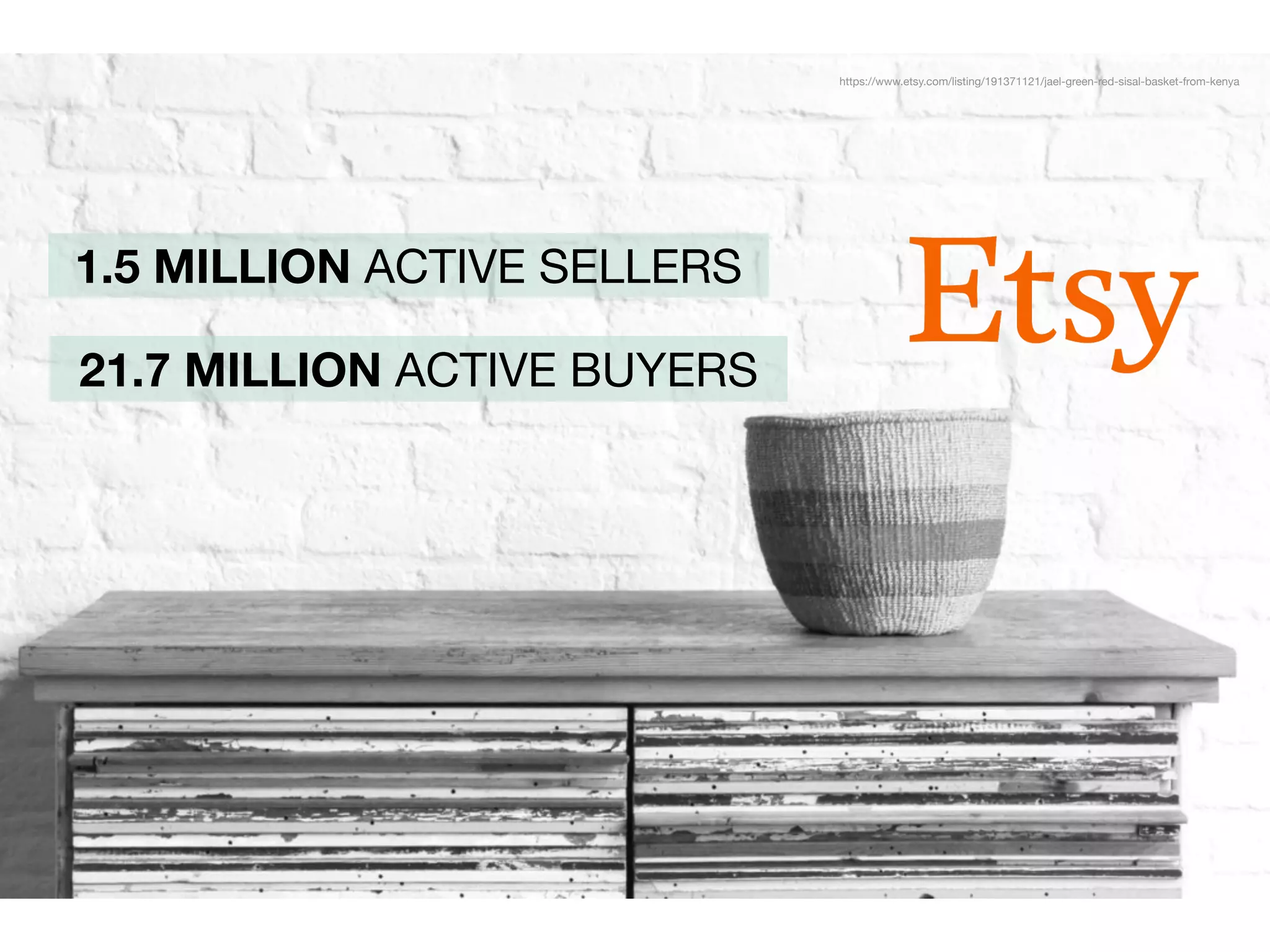 1.5 MILLION ACTIVE SELLERS
21.7 MILLION ACTIVE BUYERS
https://www.etsy.com/listing/191371121/jael-green-red-sisal-basket-from-kenya
 