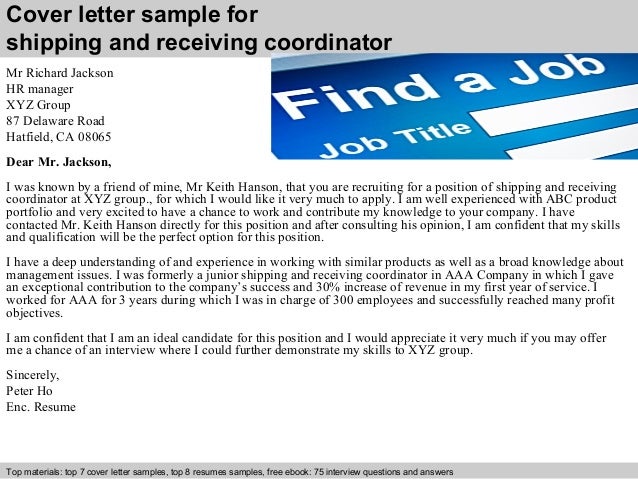 Sample cover letter for shipping and receiving