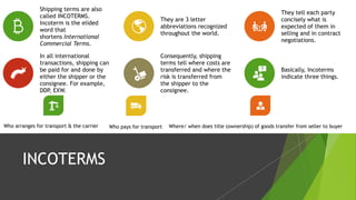 INCOTERMS
Shipping terms are also
called INCOTERMS.
Incoterm is the elided
word that
shortens International
Commercial Terms.
They are 3 letter
abbreviations recognized
throughout the world.
They tell each party
concisely what is
expected of them in
selling and in contract
negotiations.
In all international
transactions, shipping can
be paid for and done by
either the shipper or the
consignee. For example,
DDP, EXW.
Consequently, shipping
terms tell where costs are
transferred and where the
risk is transferred from
the shipper to the
consignee.
Basically, Incoterms
indicate three things.
Who arranges for transport & the carrier Who pays for transport Where/ when does title (ownership) of goods transfer from seller to buyer
 