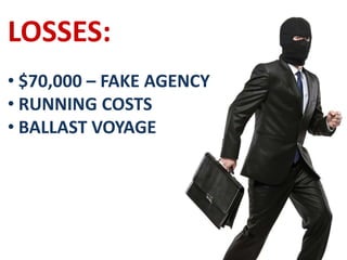 LOSSES:
• $70,000 – FAKE AGENCY
• RUNNING COSTS
• BALLAST VOYAGE
 