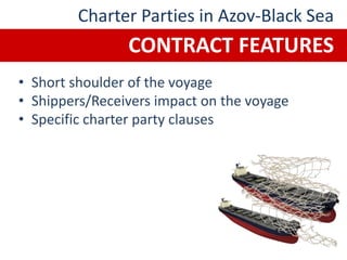 • Short shoulder of the voyage
• Shippers/Receivers impact on the voyage
• Specific charter party clauses
Charter Parties in Azov-Black Sea
CONTRACT FEATURES
 
