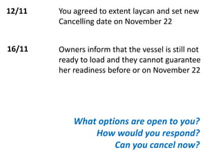 12/11 You agreed to extent laycan and set new
Cancelling date on November 22
16/11 Owners inform that the vessel is still not
ready to load and they cannot guarantee
her readiness before or on November 22
What options are open to you?
How would you respond?
Can you cancel now?
 