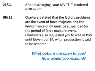 06/11 After discharging, your MV “Elf” tendered
NOR in Poti
08/11 Charterers stated that the factory problems
are the event of force majeure, and the
Performance of CP must be suspended for
the period of force majeure event.
Charterers also requested you to wait in Poti
until November 14, when production is said
to be restored
What options are open to you?
How would you respond?
 